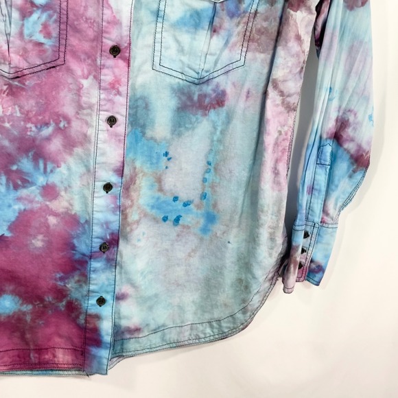 Free People Medium Top Handmade Tie Dye Button Down Long Sleeve Purple Blue 1195 - Picture 7 of 11